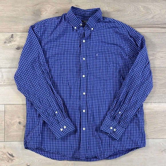 IZOD Men’s Blue and Purple Checkered Long Sleeve Plaid Button Down Shirt - Picture 1 of 8